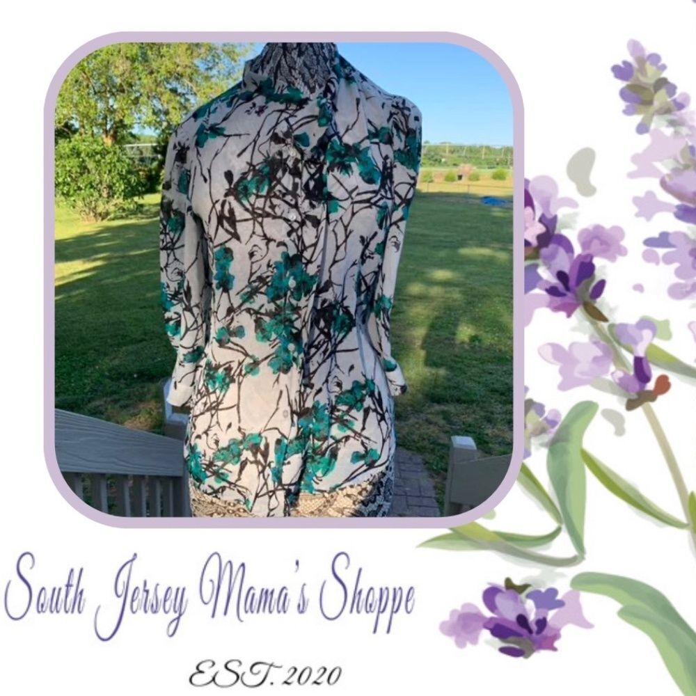 Ann Taylor Loft Size Small Blouse Gray Sheer Teal Green Watercolor Floral (C123)